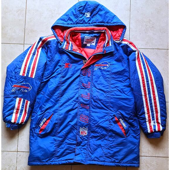 Buffalo Bills 90s STARTER puffer jacket Trench L hood blue NFL Pro Line vintage - Picture 2 of 4
